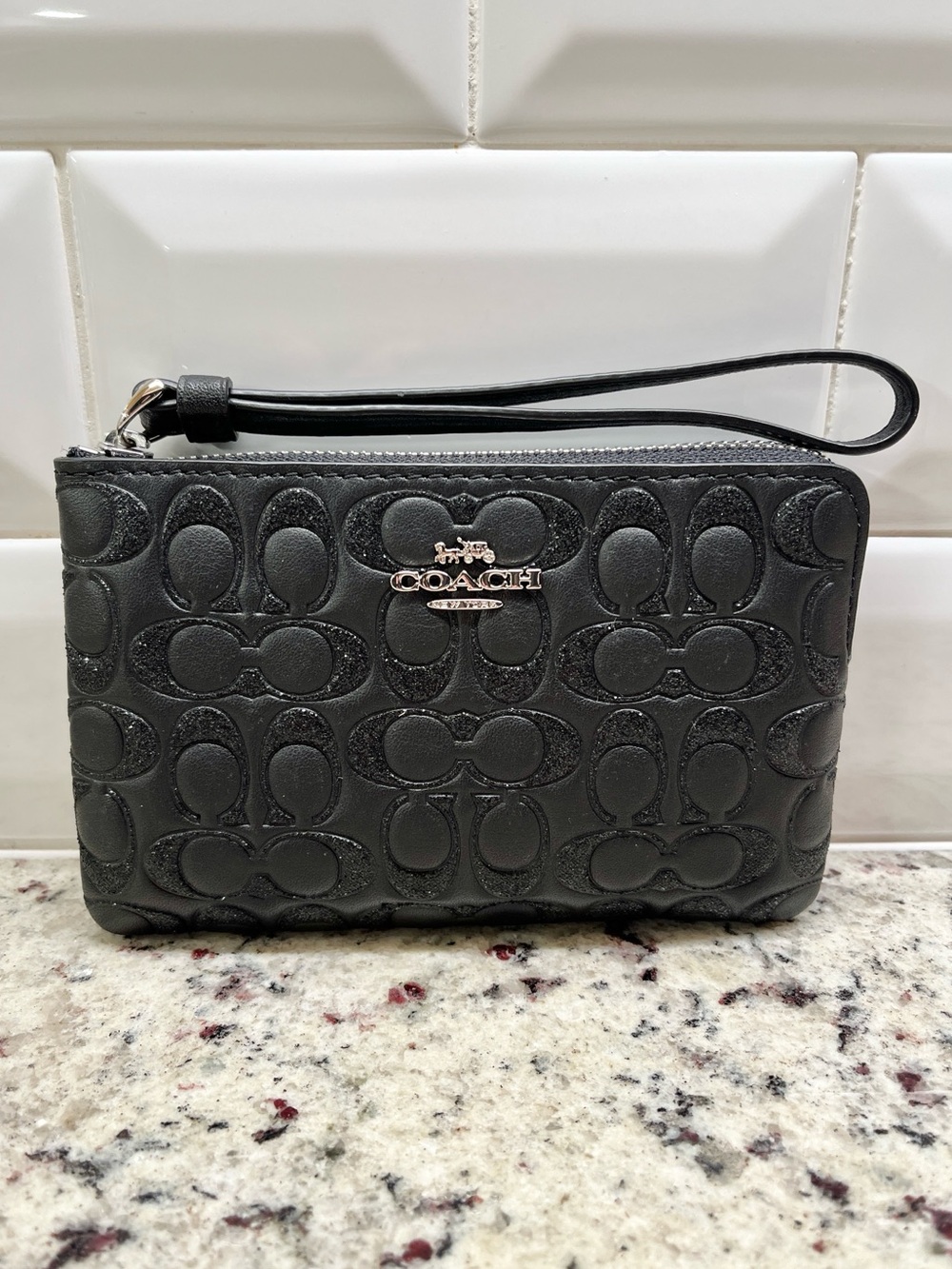 Coach Signature Black Glitter Corner Zip Wristlet in Box NWT